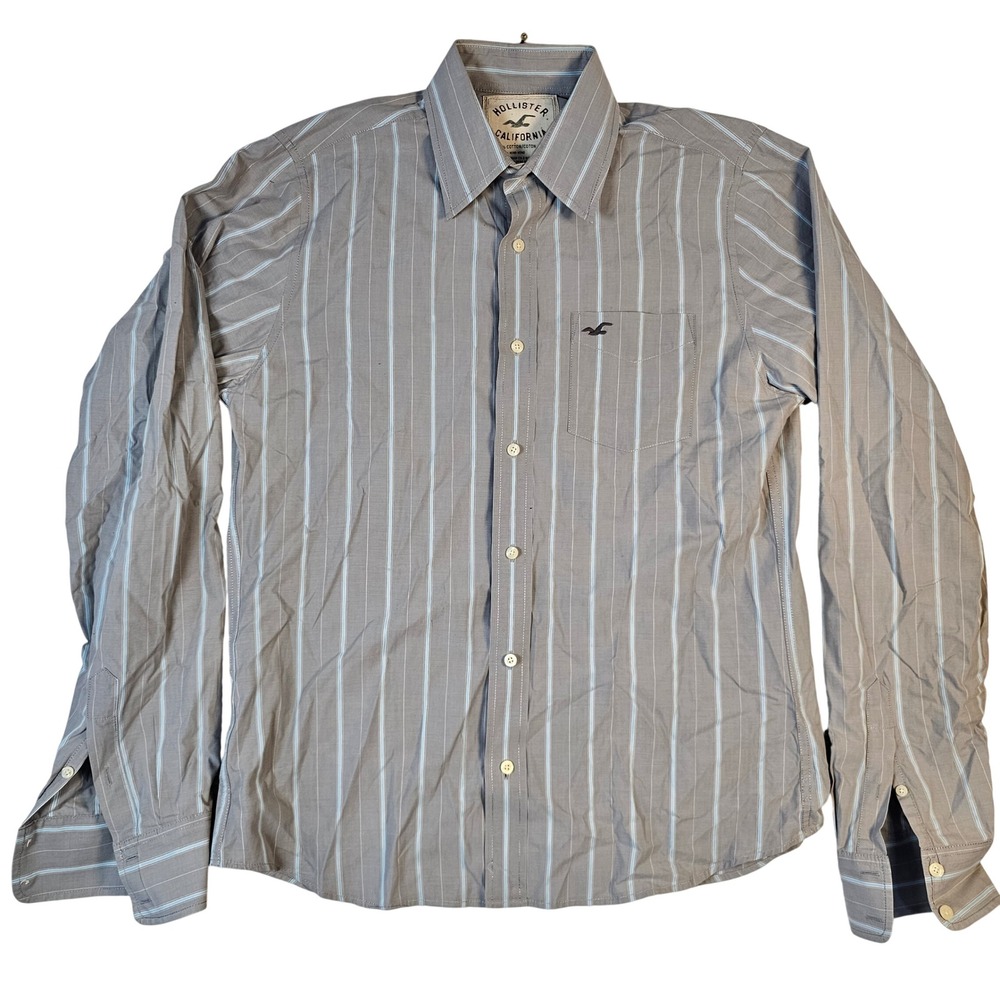 Hollister California Mens Large Grey Blue Striped Long Sleeve Button Down Shirt